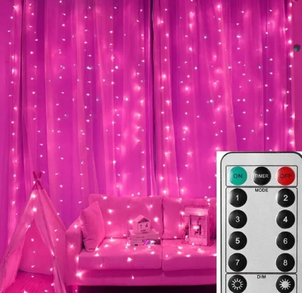 LED LEMPUČIŲ UŽUOLAIDA SU NUOTOLINIU VALDYMU (3M X 2M) rožinė