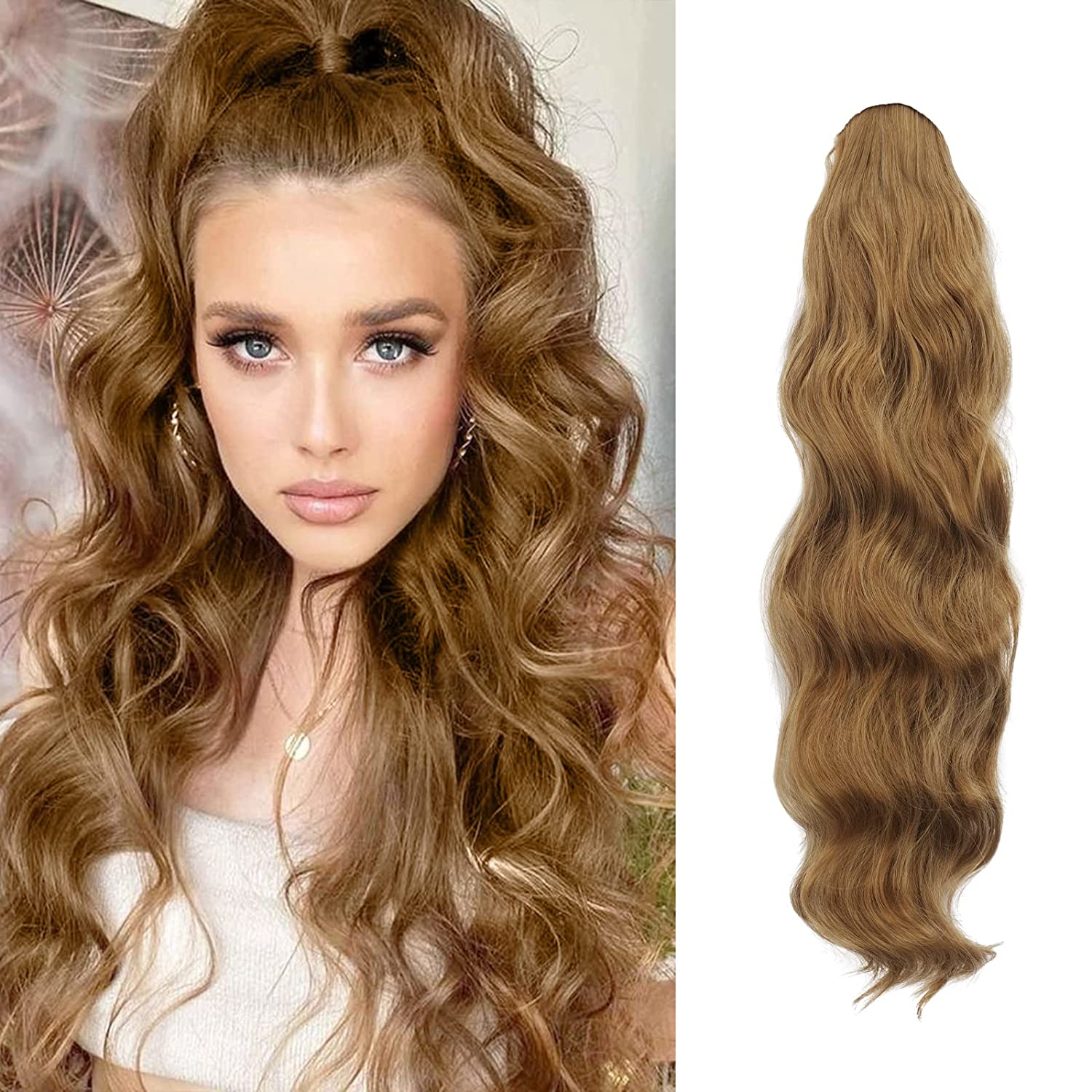 #27 Banguotų plaukų uodega 60 cm karamelės spalva